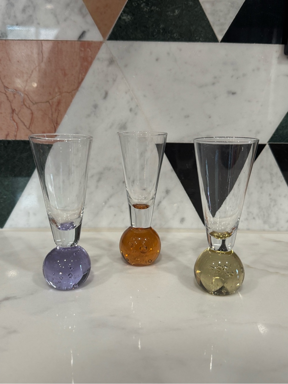 Handblown Glass Liqueur Set with Colored Bubble Bases - Purple, Amber, Olive